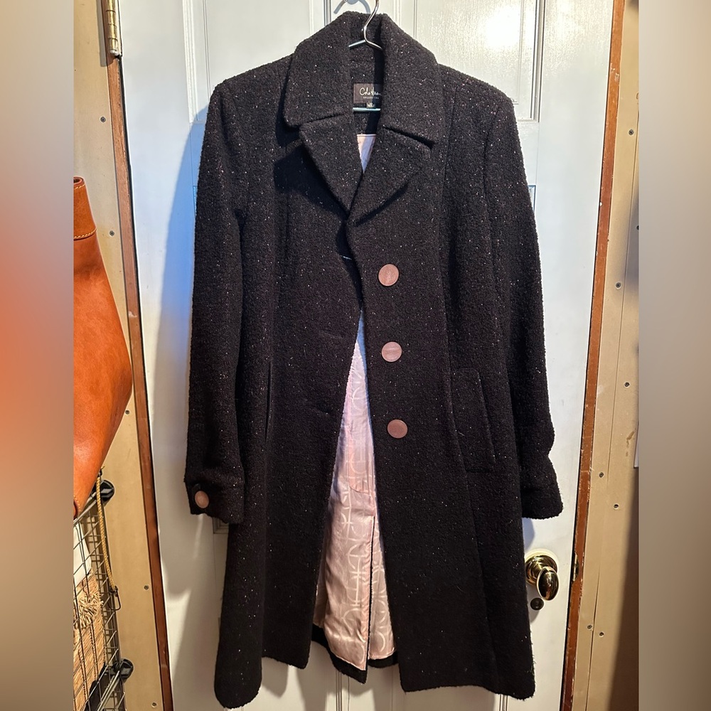Cole Haan Black and Pink Wool-Blend Long Trench Coat with Large Buttons